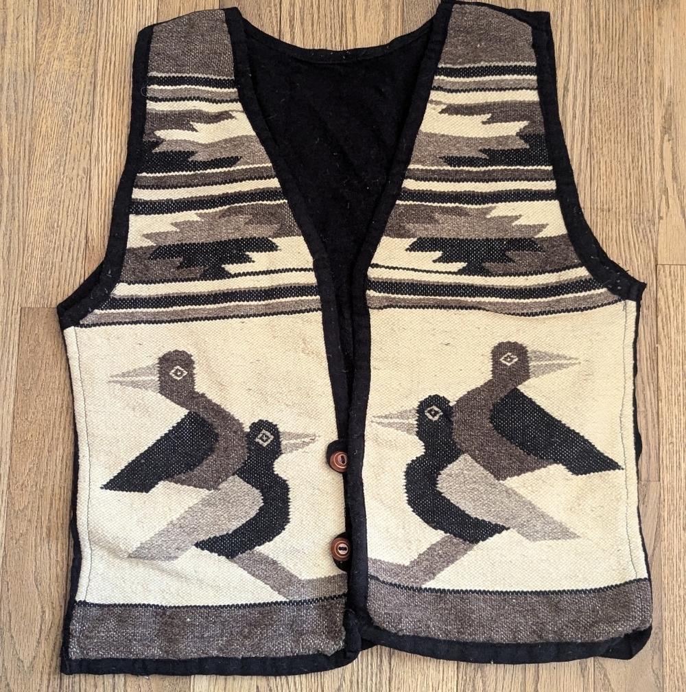 Vintage Chimayo Handwoven Wool Vest - Wood Buttons Southwestern Bird Design
